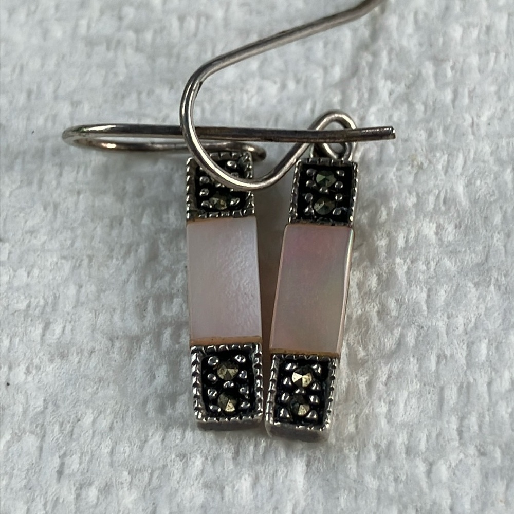 Art Deco Style Sterling Silver and Cream Geometric Dangling Earrings